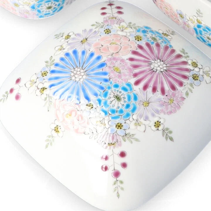 KUTANI WARE TWO-TIERED BOX - HANA BLUE-PURPLE DESIGN BY IROE-YU, JAPANESE CERAMIC ART