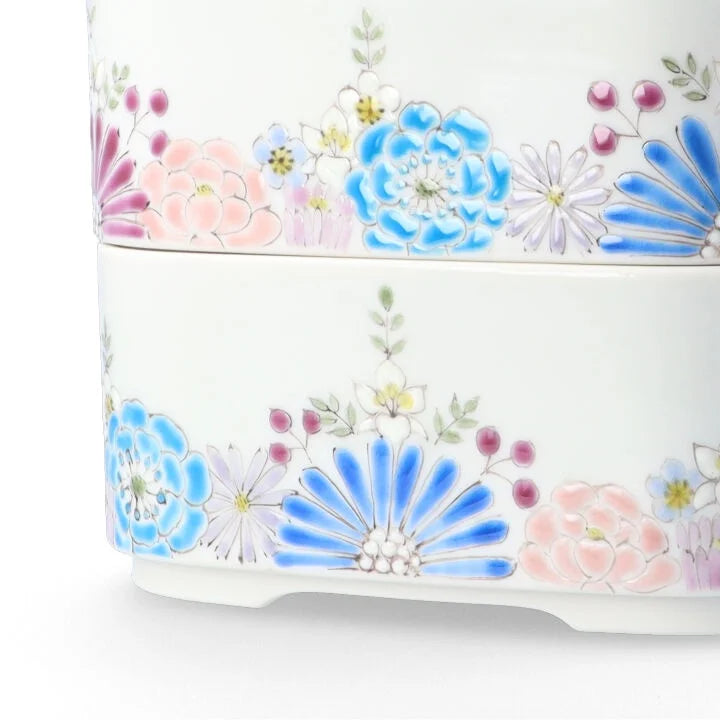 KUTANI WARE TWO-TIERED BOX - HANA BLUE-PURPLE DESIGN BY IROE-YU, JAPANESE CERAMIC ART