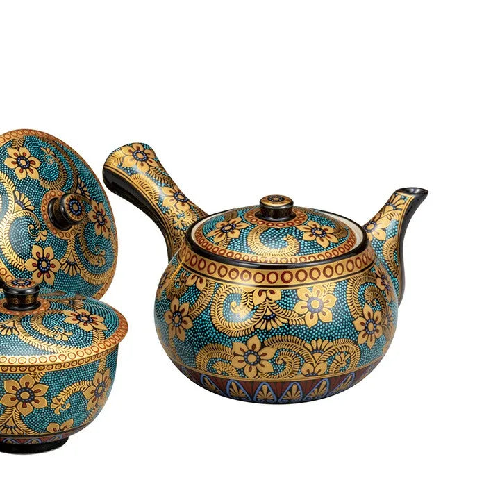 KUTANI WARE TEA SET WITH LID AOCHIBU KIN KARAKUSA