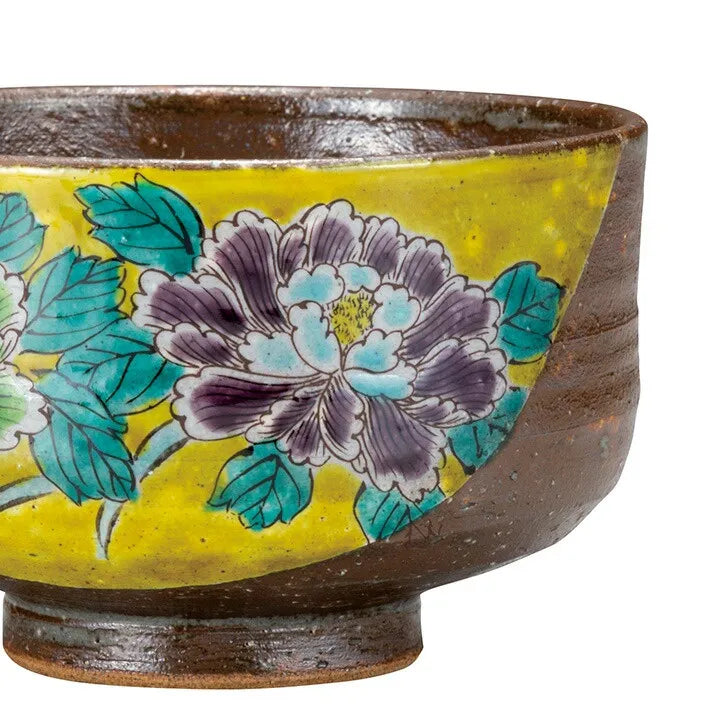 KUTANI WARE MATCHA BOWL - YOSHIDAYA STYLE BOTAN PEONY DESIGN, JAPANESE TEA CEREMONY CHAWAN