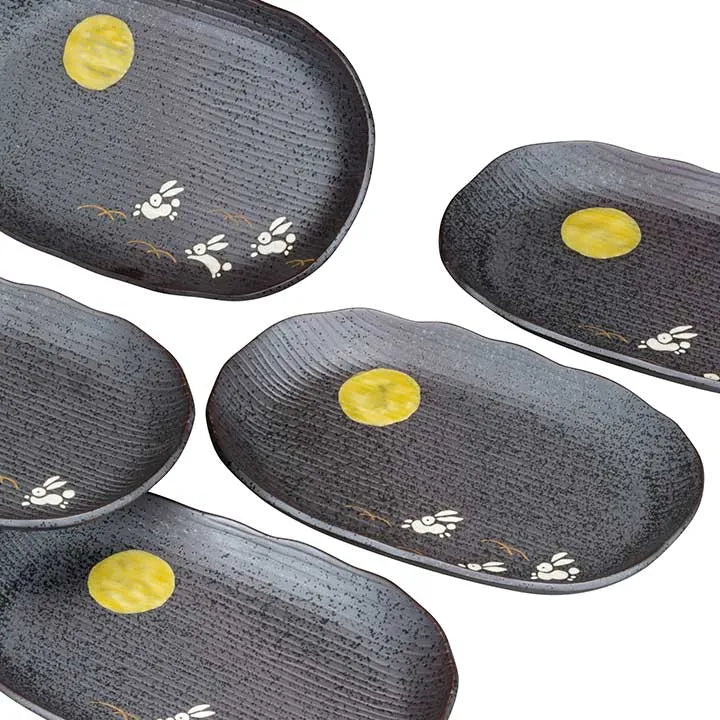 JAPANESE OVAL PLATE SET KUTANI MOON RABBIT