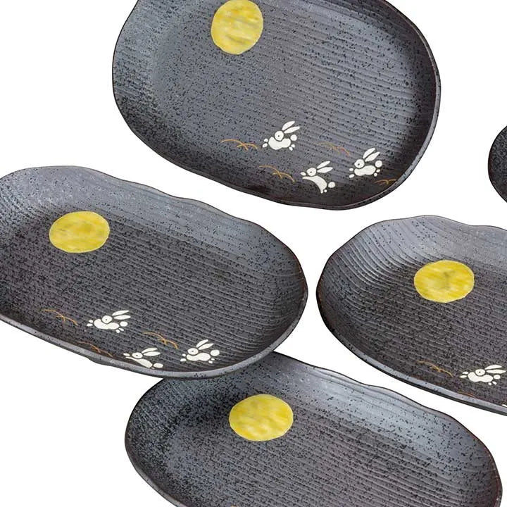 JAPANESE OVAL PLATE SET KUTANI MOON RABBIT