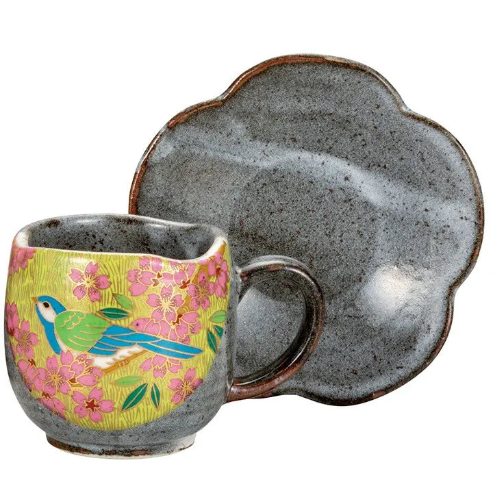 KUTANI WARE PAIR COFFEE GOLDEN CHERRY BLOSSOM BIRD