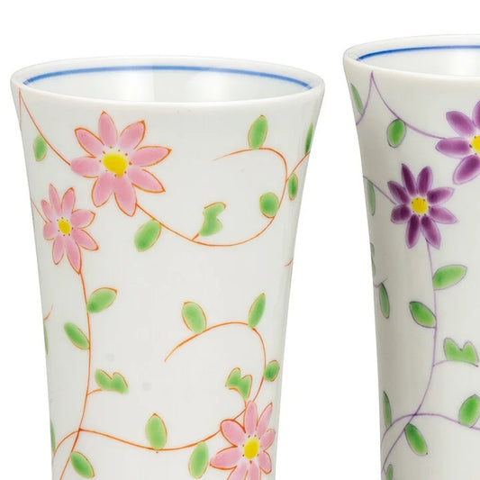 KUTANI WARE PAIR OF FREE CUPS  FLOWER ARABESQUE PATTERN