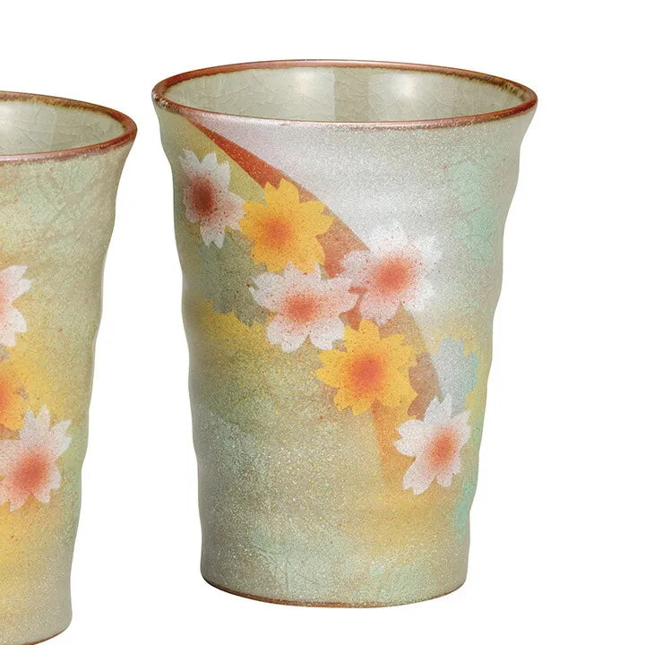 KUTANI WARE PAIR OF FREE CUPS SUNLIT FLORAL PATTERN