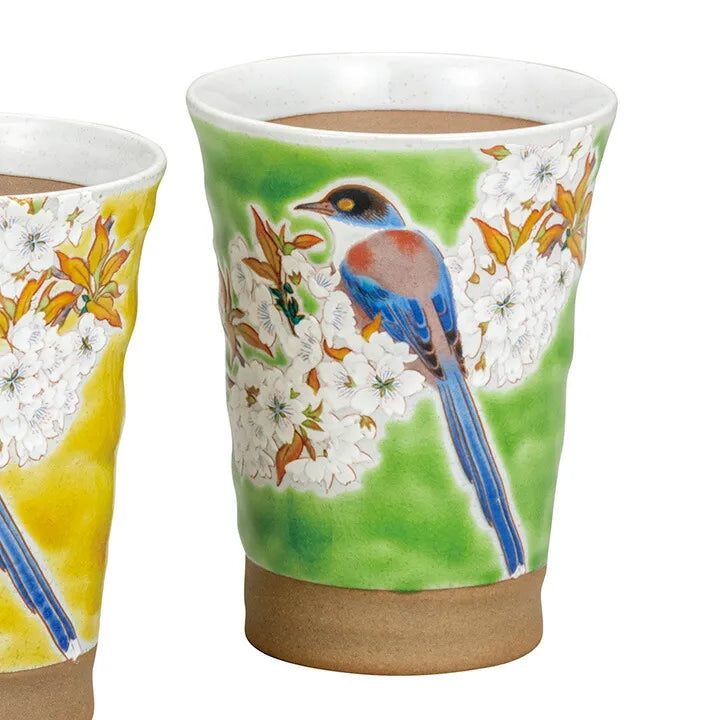 KUTANI JAPANESE PAIR OF FREE CUPS OVERGLAZE ENAMEL PAINTING BIRDS WITH CHERRY BLOSSOMS