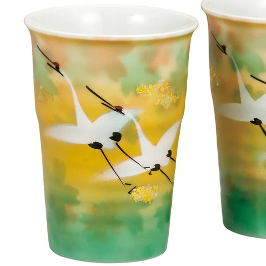 KUTANI WARE PAIR OF FREE CUPS GOLD LEAF FLORAL FLOCK OF CRANES/TOYOSHI YAMADA