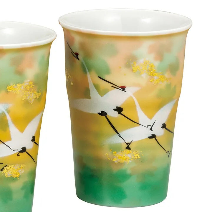 KUTANI WARE PAIR OF FREE CUPS GOLD LEAF FLORAL FLOCK OF CRANES/TOYOSHI YAMADA