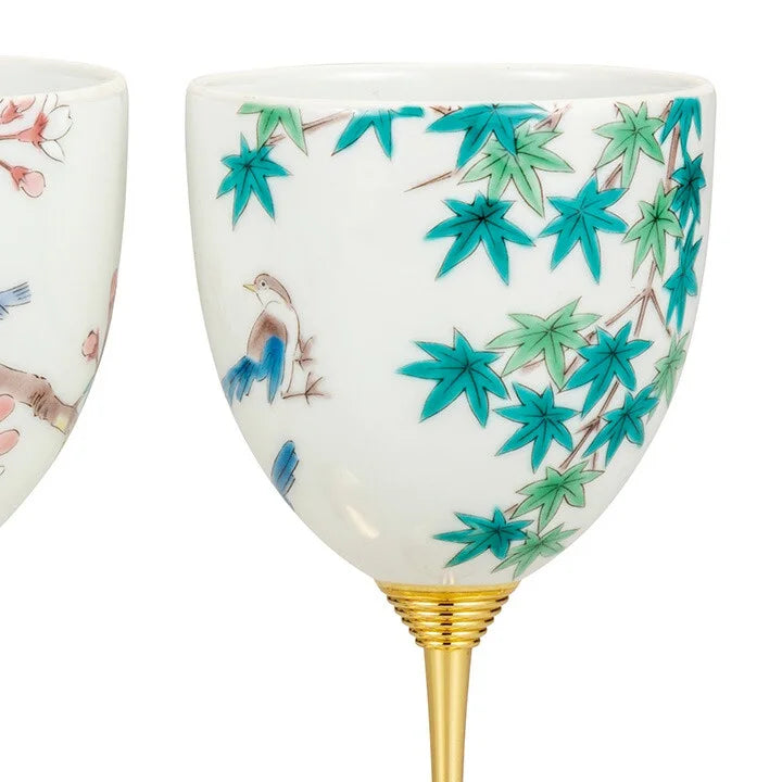 JAPANESE WINE GLASS KUTANI PAIR OF WINE CUPS BIRDS THROUGH THE SEASONS