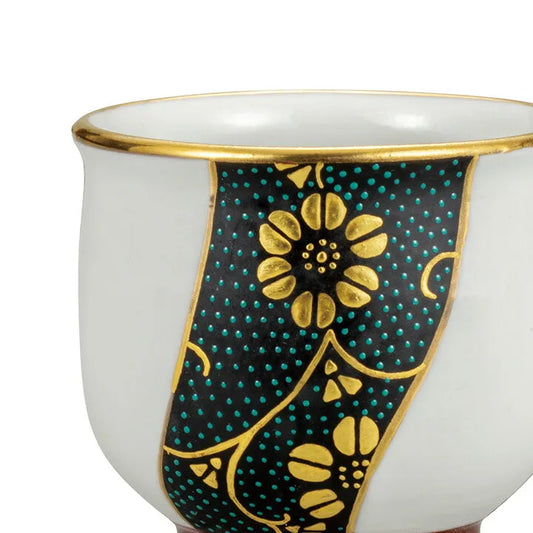 KUTANI JAPANESE  GUINOMI - GOLD LEAF TWISTED BLUE DOTS WITH TESSEN (CLEMATIS) DESIGN/ MANAMI UENO