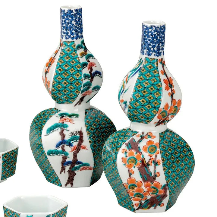 JAPANESE KUTANI SAKE SET KO-KUTANI PINE, BAMBOO & PLUM
