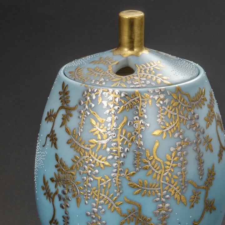 KUTANI WARE INCENSE BURNER - SHIROKANEMORI SHIRAFUJI ZU SHIROTSUBU DESIGN BY KINGYOKU NAKADA