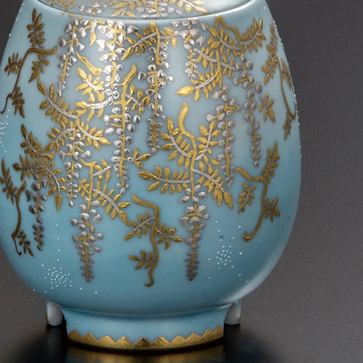 KUTANI WARE INCENSE BURNER - SHIROKANEMORI SHIRAFUJI ZU SHIROTSUBU DESIGN BY KINGYOKU NAKADA