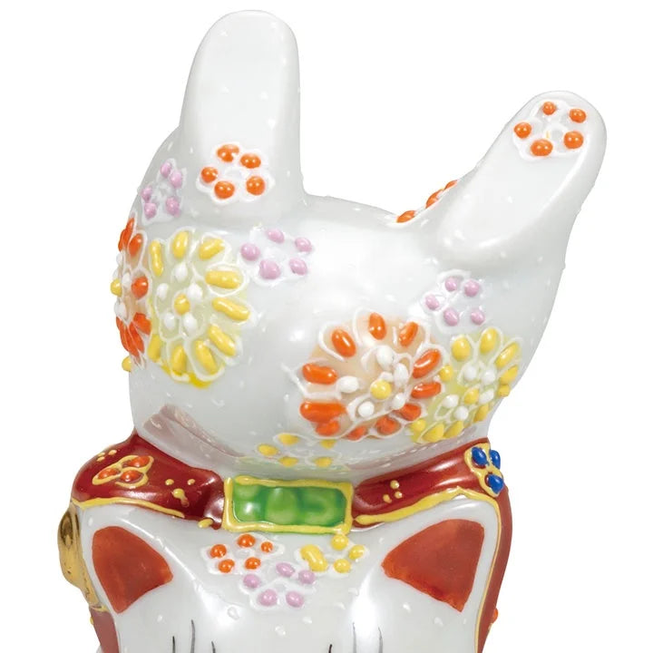 KUTANI WARE LUCKY CAT HANDSTAND CAT WITH SCATTERED FLOWERS