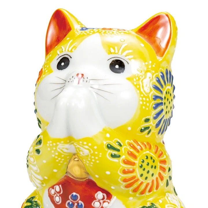 KUTANI WARE LUCKY CAT(MANEKI NEKO) PRAYING CAT YELLOW MORI