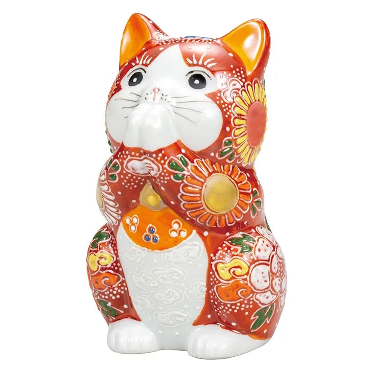 KUTANI WARE  LUCKY CAT(MANEKI NEKO) PRAYING CAT RED MORI