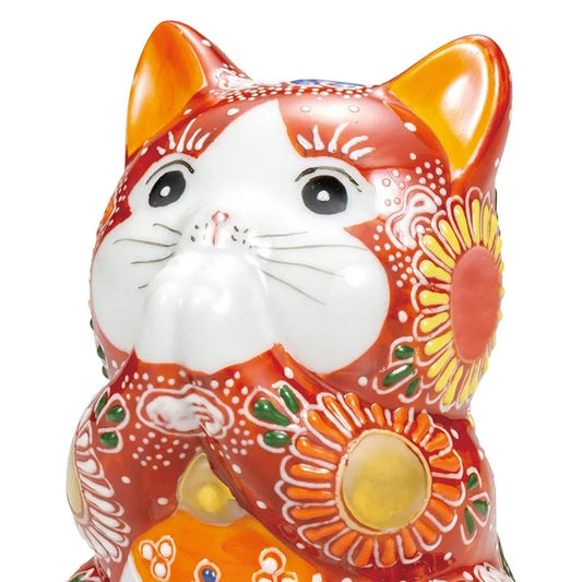 KUTANI WARE  LUCKY CAT(MANEKI NEKO) PRAYING CAT RED MORI