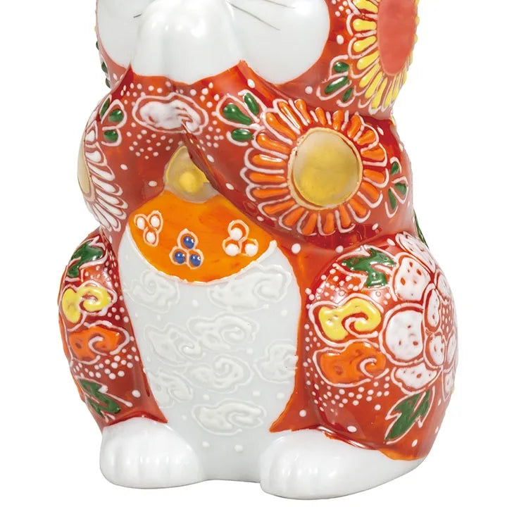 KUTANI WARE  LUCKY CAT(MANEKI NEKO) PRAYING CAT RED MORI