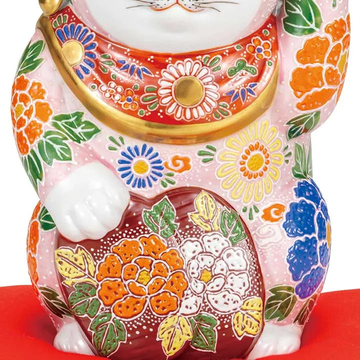 KUTANI JAPANESE LUCKY CAT (MANEKI NEKO) HOLDING A KOBAN COIN WITH PINK DECORATION