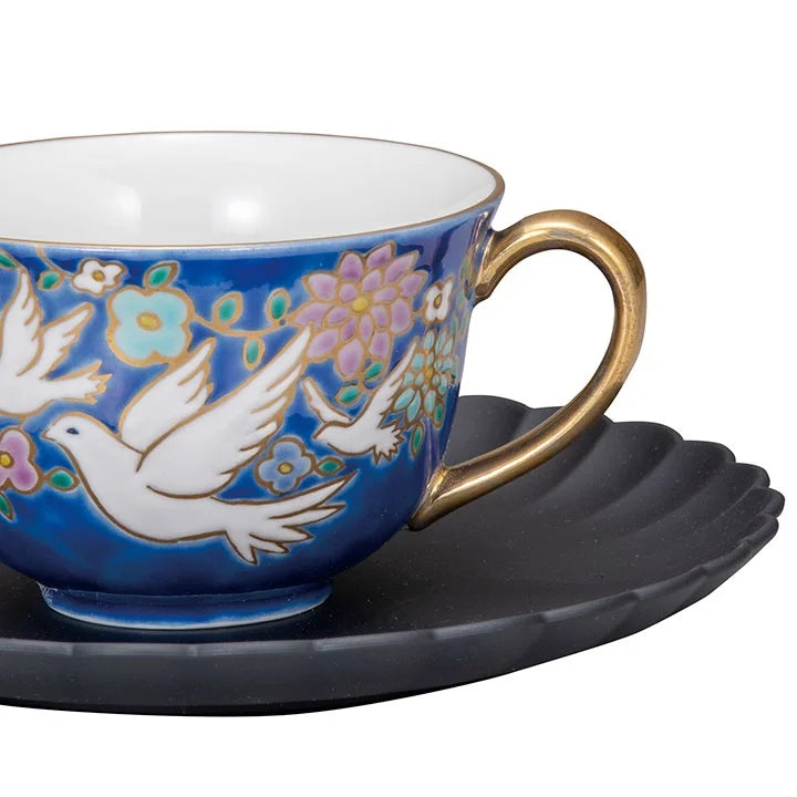 KUTANI WARE CUP & SAUCER WHITE PIGEON