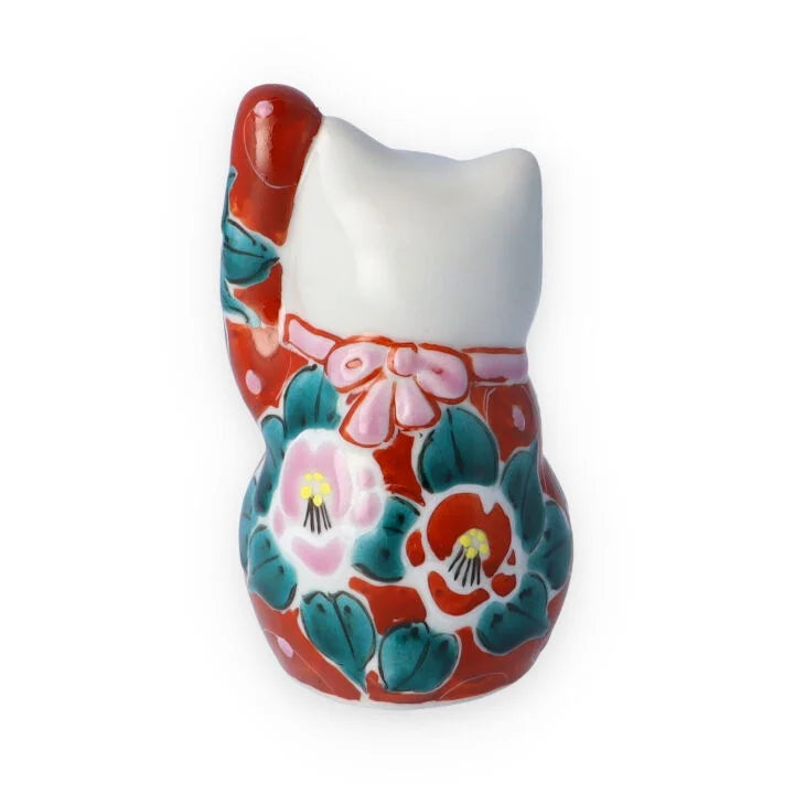 KUTANI WARE LUCKY CAT (MANEKI NEKO) - IROE MUSOU TSUBAKI DESIGN, RED, KOKUZOU KILN
