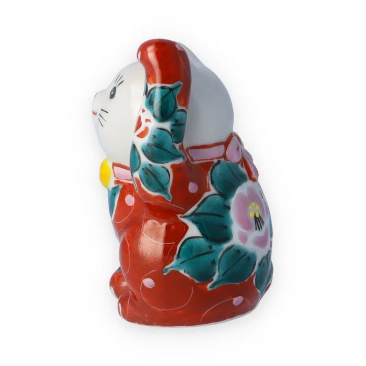KUTANI WARE LUCKY CAT (MANEKI NEKO) - IROE MUSOU TSUBAKI DESIGN, RED, KOKUZOU KILN