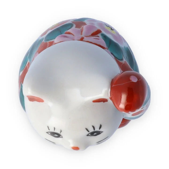 KUTANI WARE LUCKY CAT (MANEKI NEKO) - IROE MUSOU TSUBAKI DESIGN, RED, KOKUZOU KILN