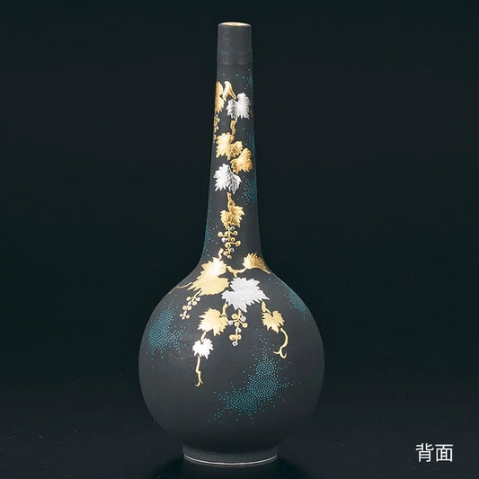 KUTANI WARE VASE – SWIRL AOCHIBU TESSEN (CLEMATIS) WITH PAULOWNIA WOOD BOX BY KINGYOKU NAKADA
