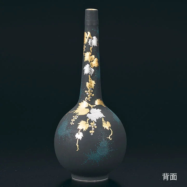 KUTANI WARE VASE – SWIRL AOCHIBU TESSEN (CLEMATIS) WITH PAULOWNIA WOOD BOX BY KINGYOKU NAKADA