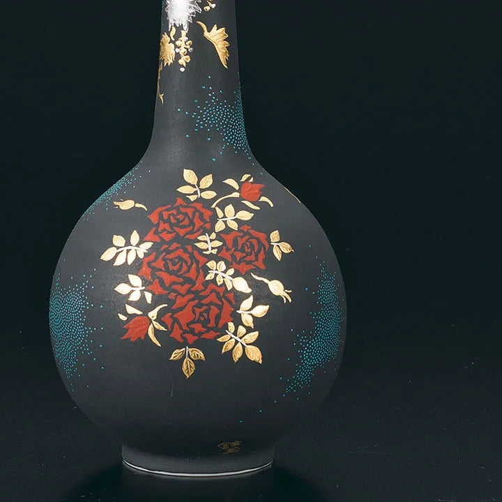 KUTANI WARE VASE – SWIRL AOCHIBU TESSEN (CLEMATIS) WITH PAULOWNIA WOOD BOX BY KINGYOKU NAKADA