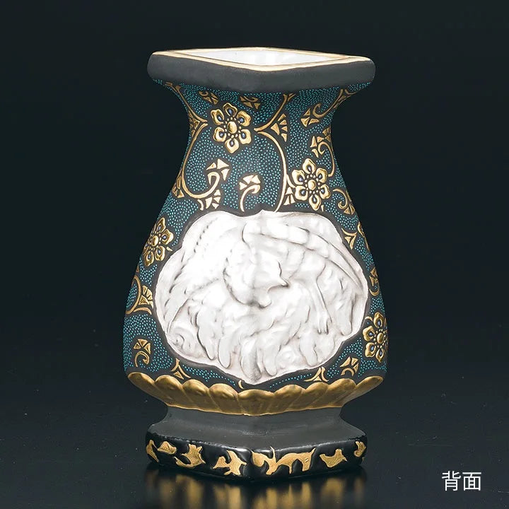 KUTANI WARE FLOWER VASE – RAISED GOLD ARABESQUE WITH AOCHIBU DRAGON & PHOENIX/KINGYOKU NAKADA