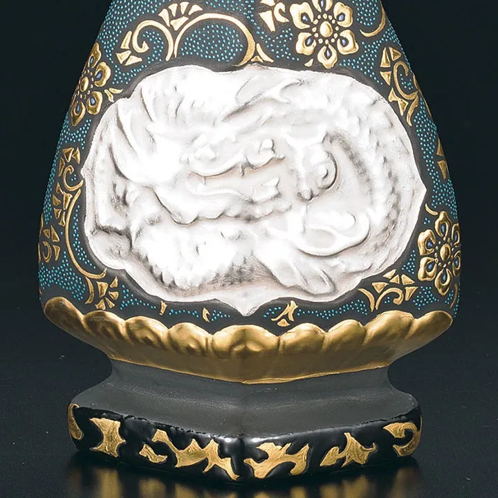 KUTANI WARE FLOWER VASE – RAISED GOLD ARABESQUE WITH AOCHIBU DRAGON & PHOENIX/KINGYOKU NAKADA