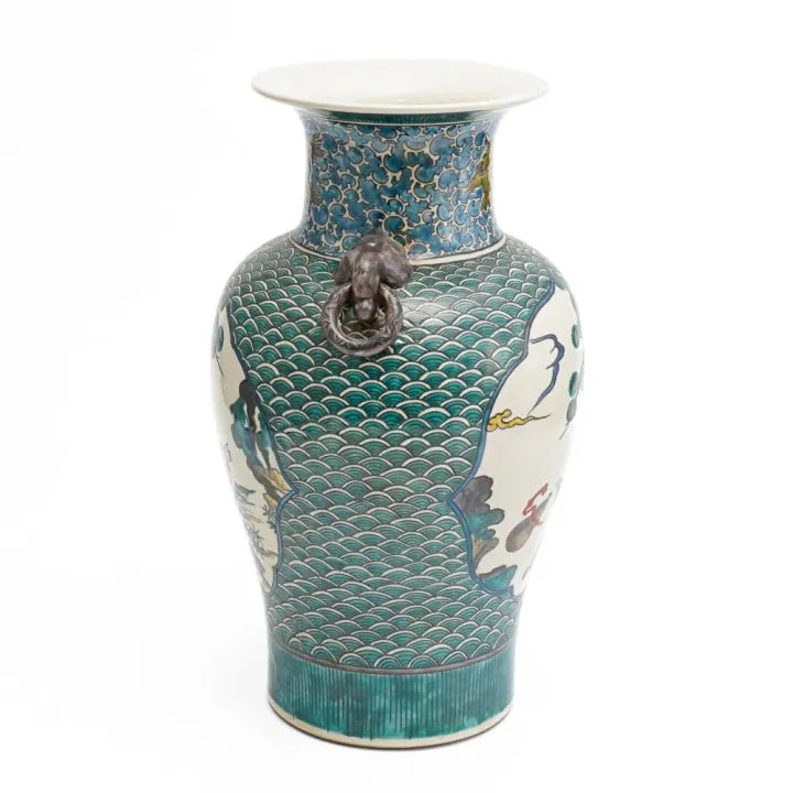 JAPANESE FLOWER VASE KUTANI FIVE-COLOR HANDLED VASE