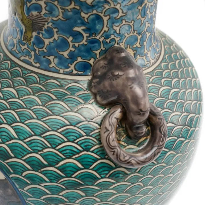JAPANESE FLOWER VASE KUTANI FIVE-COLOR HANDLED VASE