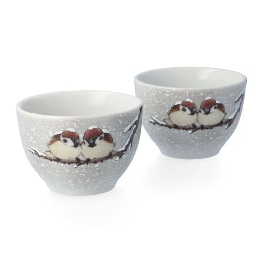 JAPANESE TEAPOT SET KUTANI TWO SPARROWS IN SNOW/ TOSHITO NAKAMURA