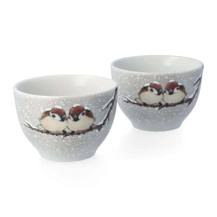 JAPANESE TEAPOT SET KUTANI TWO SPARROWS IN SNOW/ TOSHITO NAKAMURA