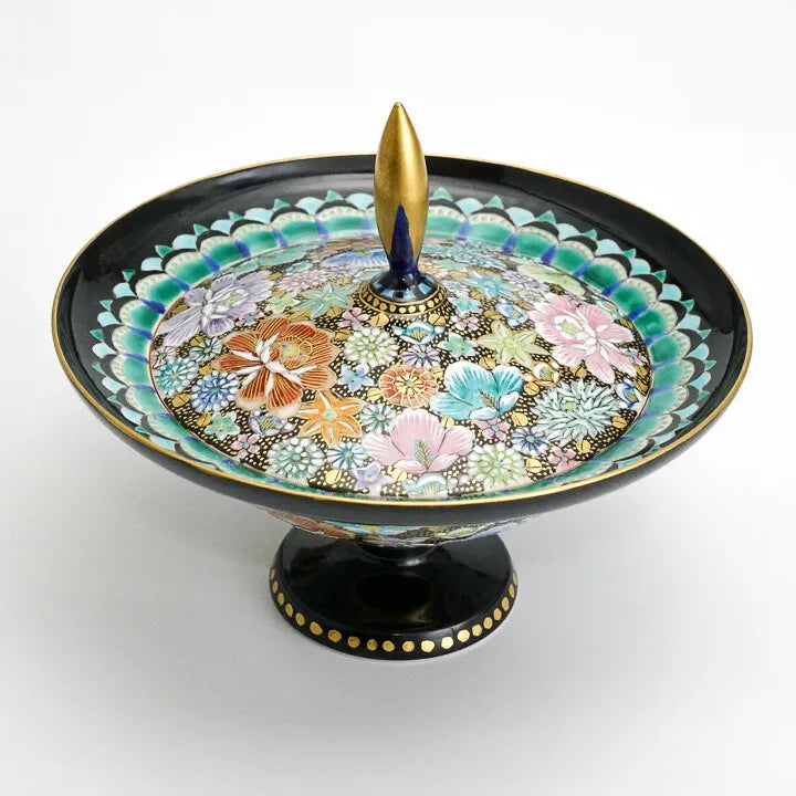 KUTANI WARE PEDESTAL PLATE – IROE KINRAN HANA-ZUME BY TAKAFUMI TAKA, JAPANESE PORCELAIN