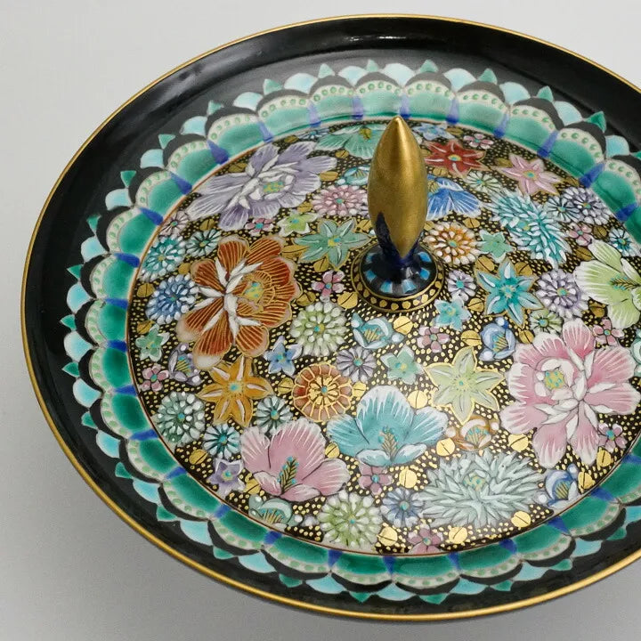 KUTANI WARE PEDESTAL PLATE – IROE KINRAN HANA-ZUME BY TAKAFUMI TAKA, JAPANESE PORCELAIN