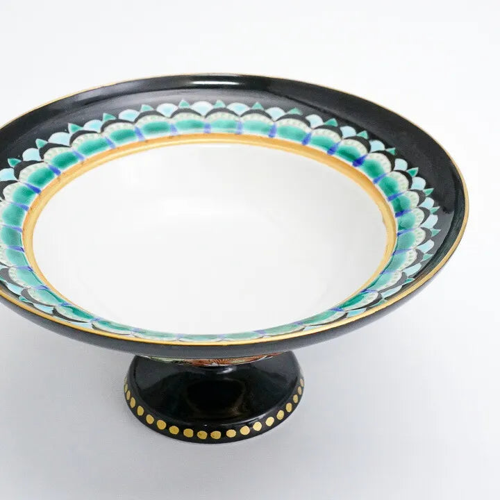KUTANI WARE PEDESTAL PLATE – IROE KINRAN HANA-ZUME BY TAKAFUMI TAKA, JAPANESE PORCELAIN