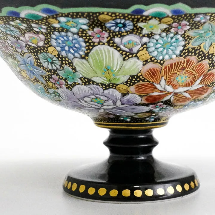 KUTANI WARE PEDESTAL PLATE – IROE KINRAN HANA-ZUME BY TAKAFUMI TAKA, JAPANESE PORCELAIN