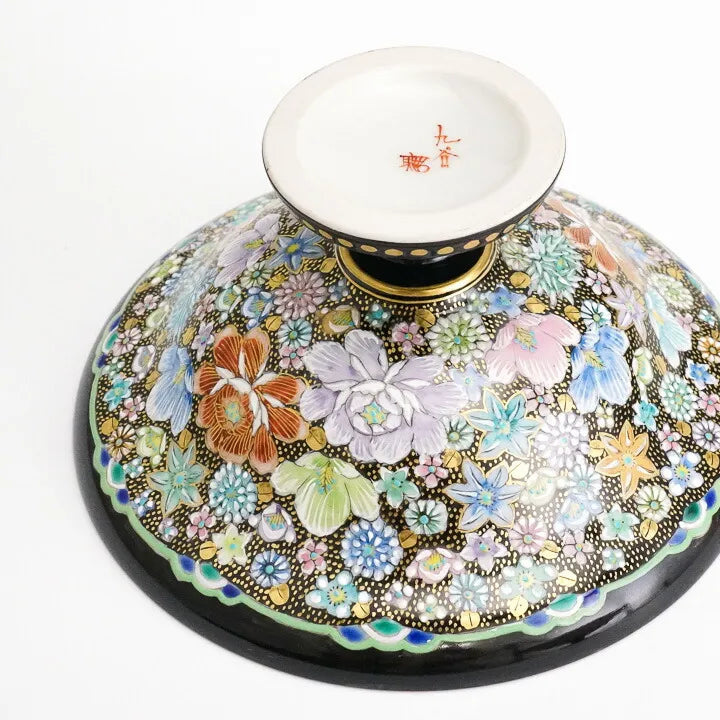KUTANI WARE PEDESTAL PLATE – IROE KINRAN HANA-ZUME BY TAKAFUMI TAKA, JAPANESE PORCELAIN