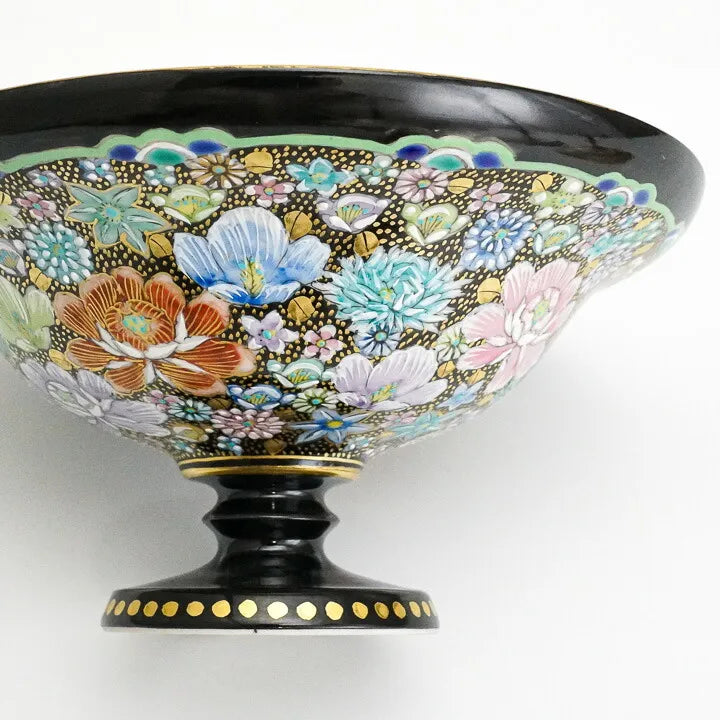 KUTANI WARE PEDESTAL PLATE – IROE KINRAN HANA-ZUME BY TAKAFUMI TAKA, JAPANESE PORCELAIN