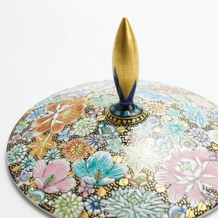 KUTANI WARE PEDESTAL PLATE – IROE KINRAN HANA-ZUME BY TAKAFUMI TAKA, JAPANESE PORCELAIN