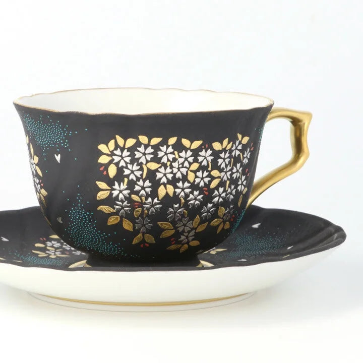 KUTANI WARE COFFEE CUP & SAUCER(SHIROKANEMORI WEEPING CHERRY BLOSSOM AOCHIBU)/KIGYOUKU NAKADA