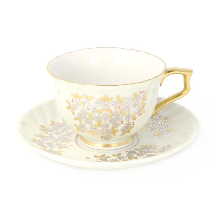 KUTANI COFFEE CUP & SAUCER SHIROKANEMORI  WEEPING CHERRY BLOSSOM DESIGN SHIROCHIBU/KINGYOKU NAKADA