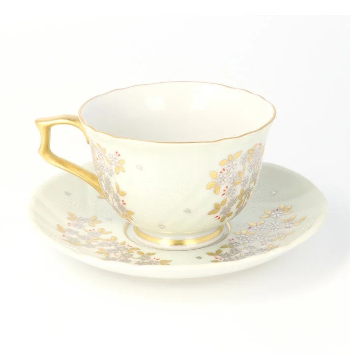 KUTANI COFFEE CUP & SAUCER SHIROKANEMORI  WEEPING CHERRY BLOSSOM DESIGN SHIROCHIBU/KINGYOKU NAKADA