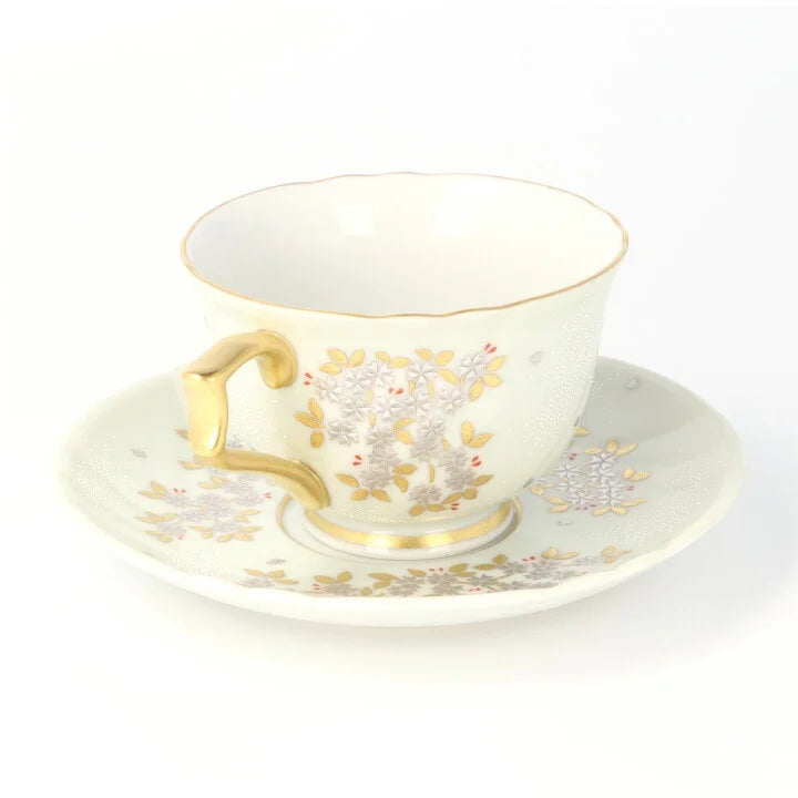 KUTANI COFFEE CUP & SAUCER SHIROKANEMORI  WEEPING CHERRY BLOSSOM DESIGN SHIROCHIBU/KINGYOKU NAKADA
