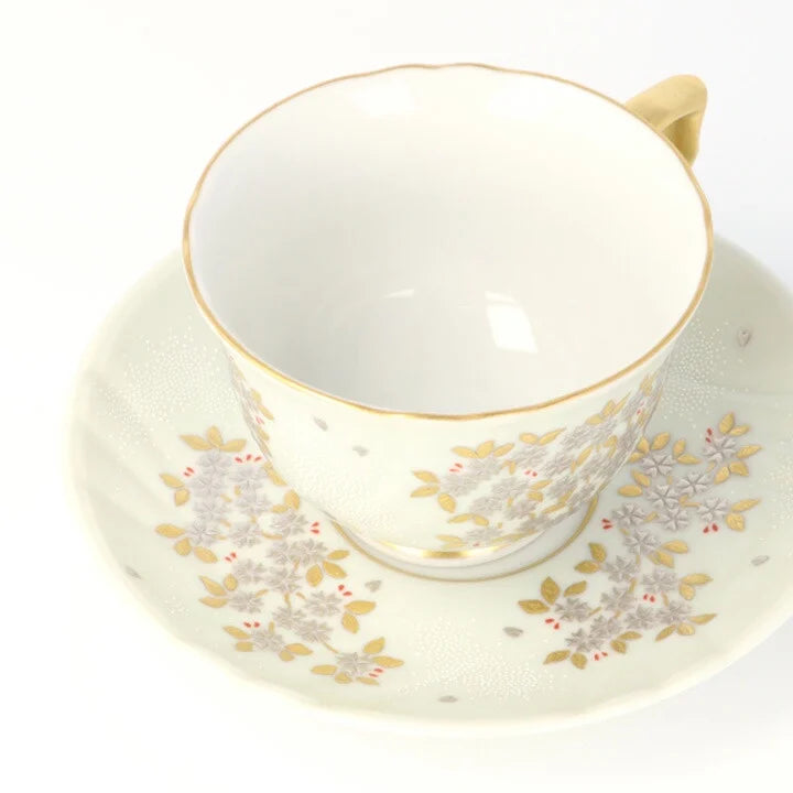 KUTANI COFFEE CUP & SAUCER SHIROKANEMORI  WEEPING CHERRY BLOSSOM DESIGN SHIROCHIBU/KINGYOKU NAKADA