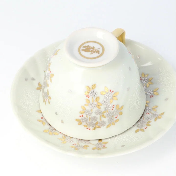 KUTANI COFFEE CUP & SAUCER SHIROKANEMORI  WEEPING CHERRY BLOSSOM DESIGN SHIROCHIBU/KINGYOKU NAKADA