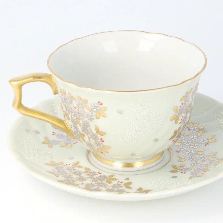 KUTANI COFFEE CUP & SAUCER SHIROKANEMORI  WEEPING CHERRY BLOSSOM DESIGN SHIROCHIBU/KINGYOKU NAKADA